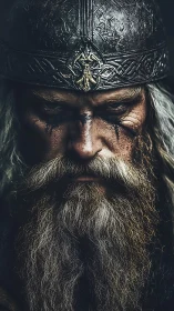 Weathered Viking warrior stares downward in solemn resolve