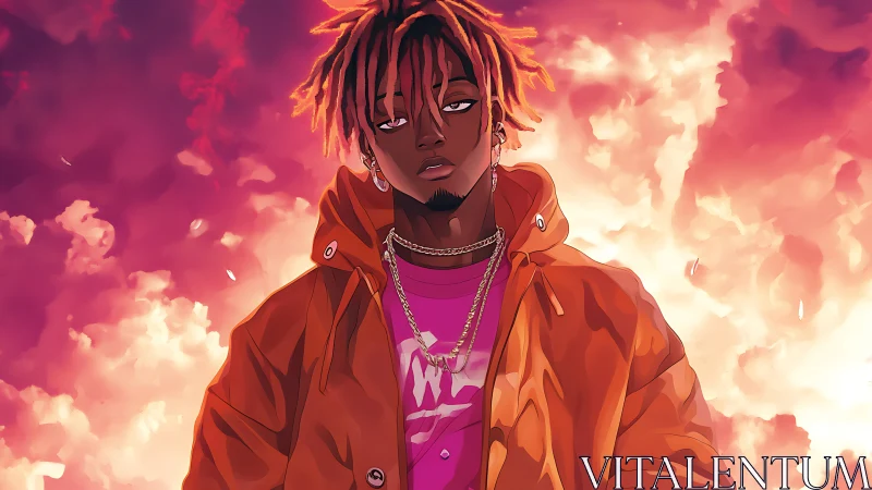 Hooded youth stands before radiant pink storm clouds