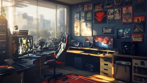Organized dual-monitor gaming workstation with wall art.