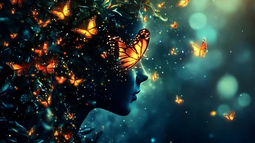 Bioluminescent monarch butterflies forming a luminous human profile