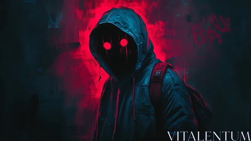 Neon-eyed hooded phantom walks the glitchlit alleyway night.