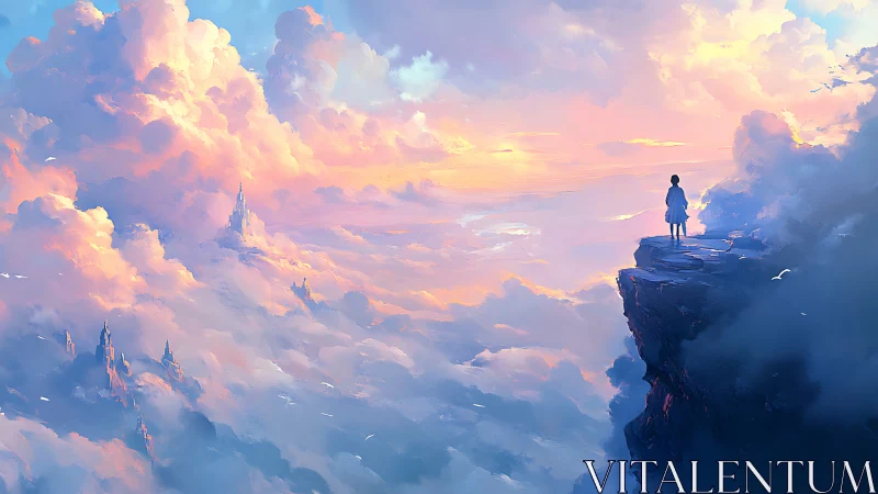 Solitary dreamer overlooks pastel cloud kingdoms at dawn