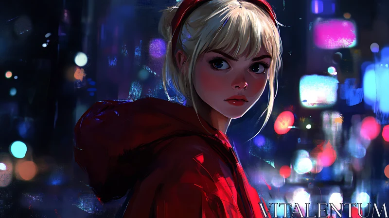 Neon-soaked city trails follow the girl in the crimson hood