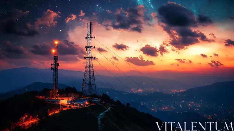 Telecom towers crown mountain ridge under vibrant dusk sky