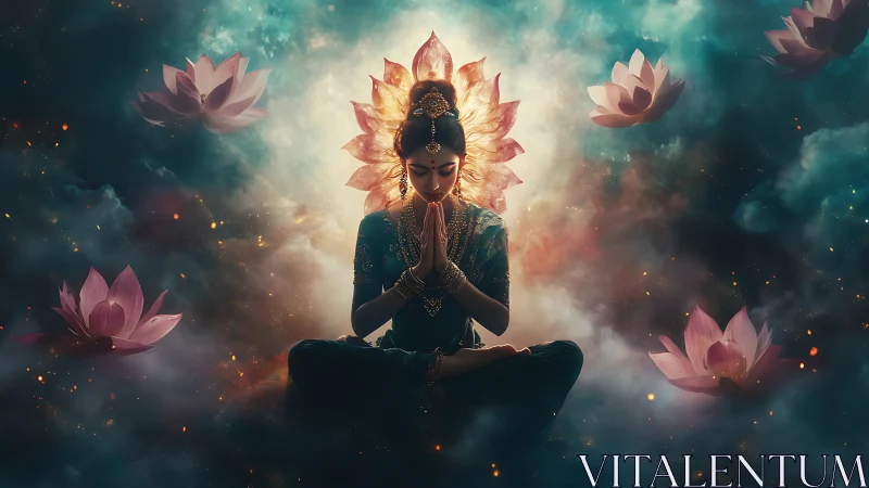 Meditating woman in lotus pose amid glowing cosmic flowers.