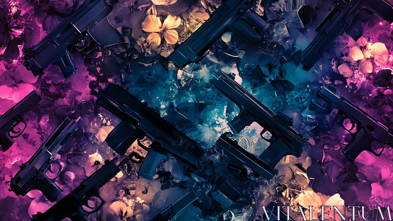 Handguns arranged over shattered glass and flowers.