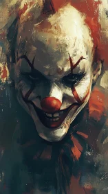 Sinister horror clown portrait with intense painted glare.