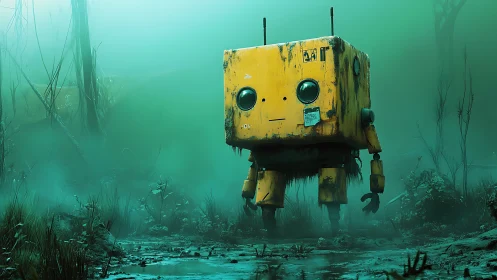 Lonely yellow box robot wandering misty swamp landscape.