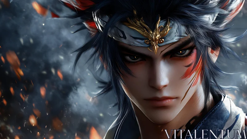 Warrior portrait shows ember-lit eyes and ornate golden headpiece