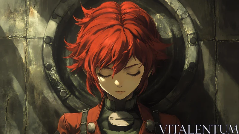 Red haired pilot stands silent before rusted metal hatch