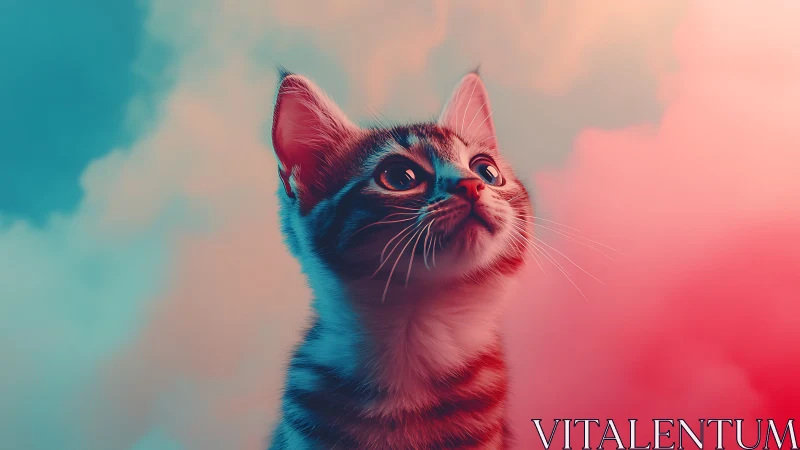 Feline Daydreamer Gazes Skyward Through Neon Twilight Hues