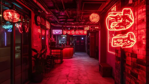 Neon-lit narrow bar corridor uses saturated red signage for depth