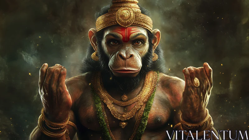 Divine monkey warrior deity in ornate golden jewelry armor.