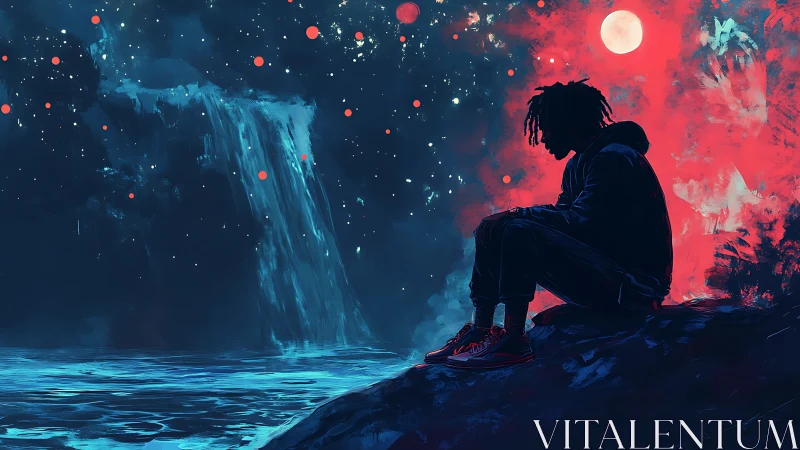 Silhouetted dreamer beside cosmic waterfall and red moon.