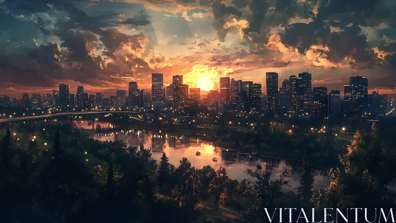 Sunset city skyline glows above a tranquil riverside forest
