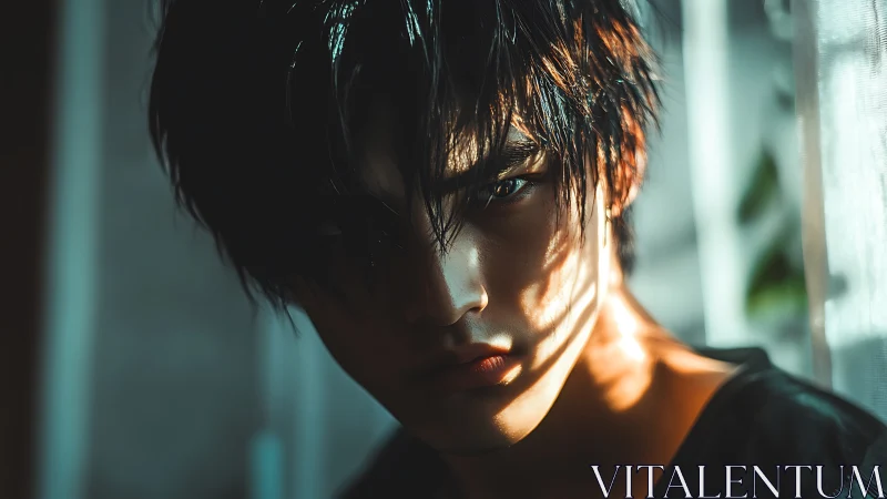 Moody sunlight and sharp eyes in a quiet, shadowed room.