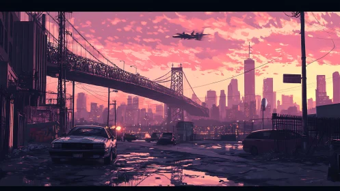 Post-industrial city bridge at dusk rendered in digital painting