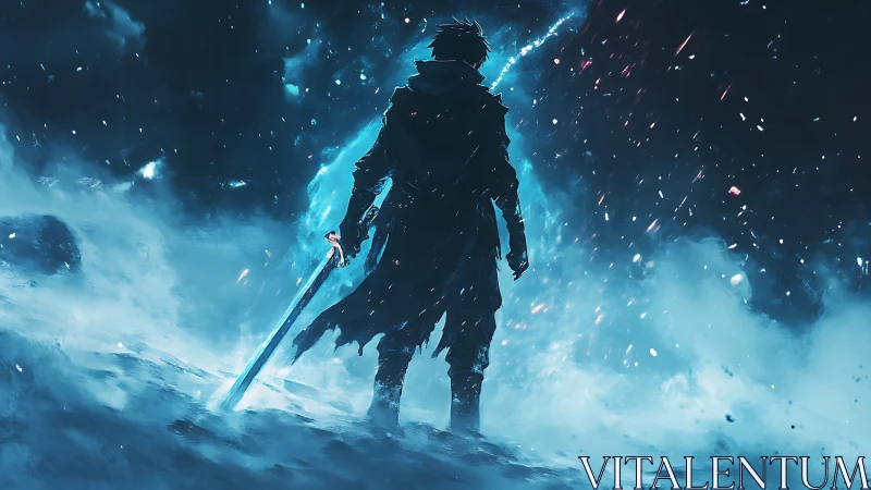 Digital painting of lone swordsman in stormlit cyan backlight.