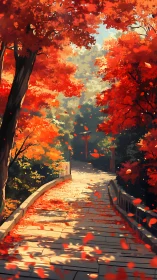 Stone pathway under dense red foliage in autumn light.