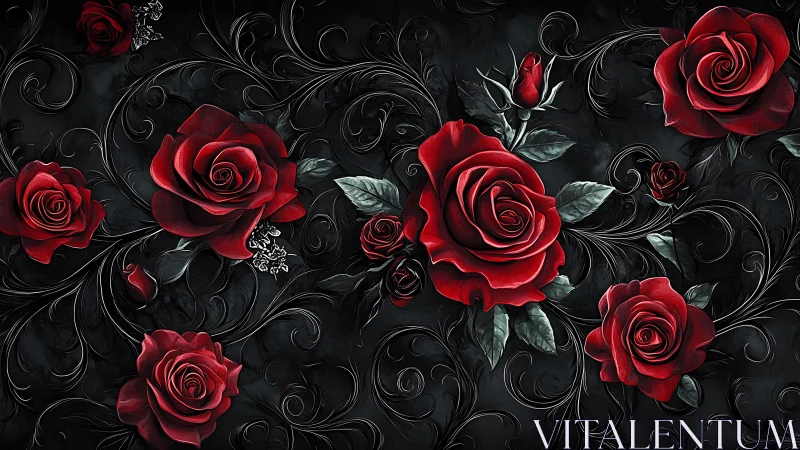 Red Roses on Black Ornamental Background