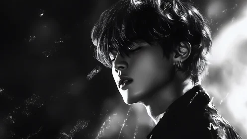 Monochrome side portrait of young man in soft light.