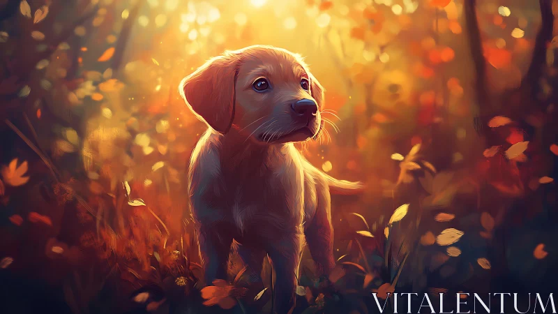 Soft golden puppy explores a glowing autumn forest path