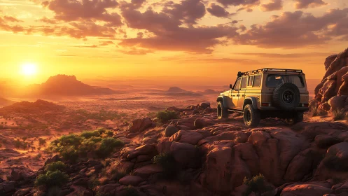 Off-road utility SUV on rocky desert ridge at golden sunset