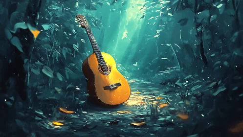 Sunlit acoustic guitar rests quietly in an enchanted forest.