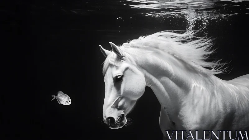 Underwater white horse with fish in monochrome composition.