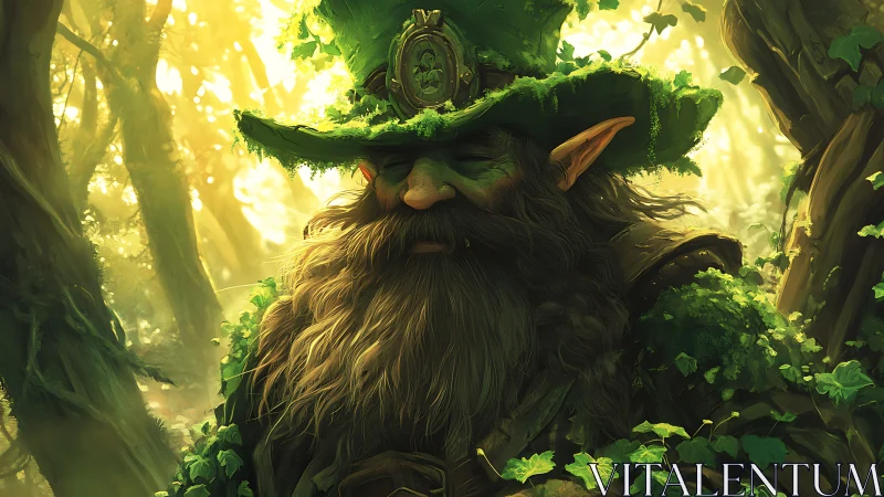 Woodland sage in moss-crowned hat dreaming between trees.