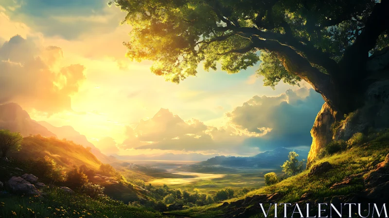 Sun-drenched valley under a watchful ancient hilltree.