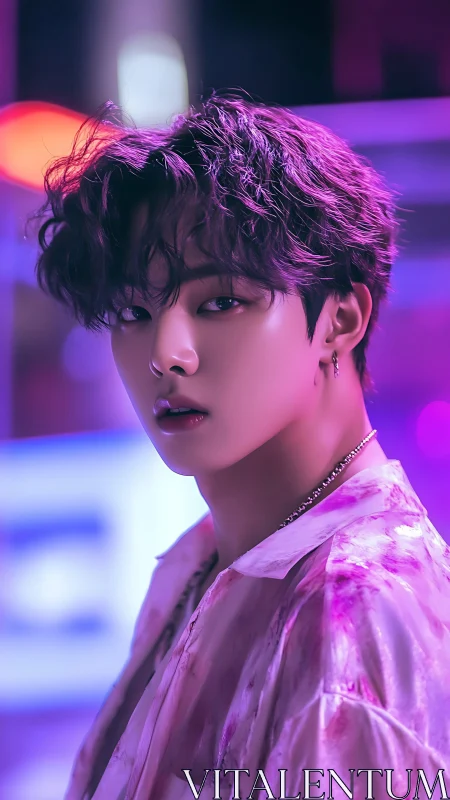 Neon-lit portrait captures soft gaze in glowing magenta haze.