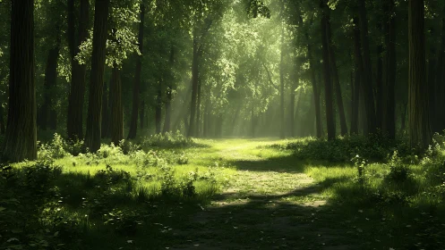 Sunlit Forest Cathedral Where Ancient Trees Frame Nature's Glowing Pathway