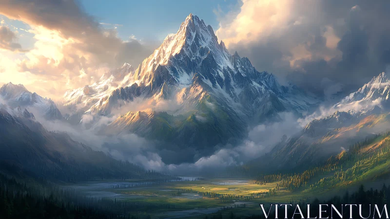 Snow peak towers over misted valley under warm sunset light