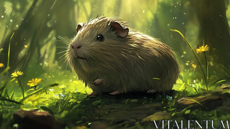 Backlit forest guinea pig rendered with high-detail digital brushwork.