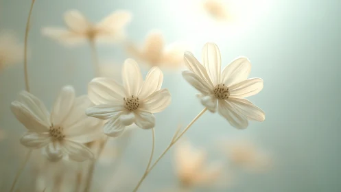 Soft cream cosmos flowers glow against pale teal haze