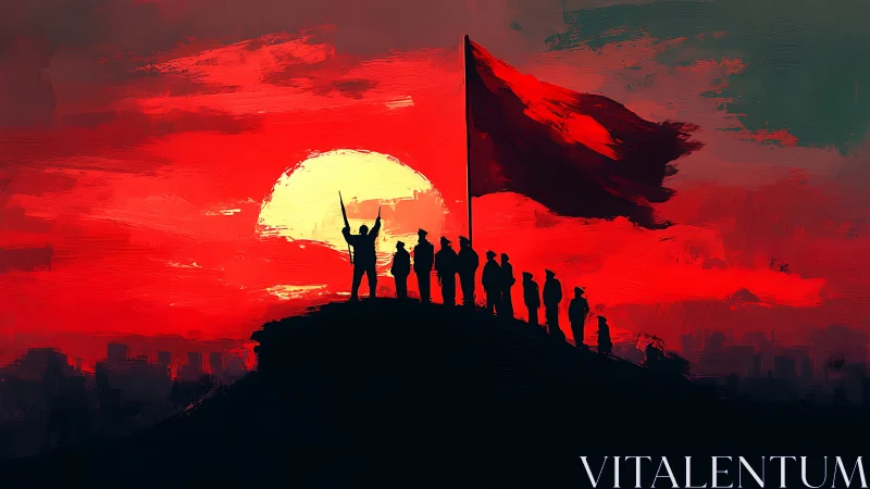 Backlit silhouettes with red flag dominate textured sunset sky