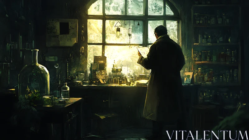 Solitary researcher in dim, cluttered laboratory interior.