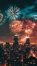 Urban skyline under cinematic fireworks and neon glow.