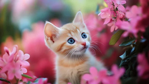 Peach-Tabby Feline with Cerulean Oculi Amid Pink Florals.