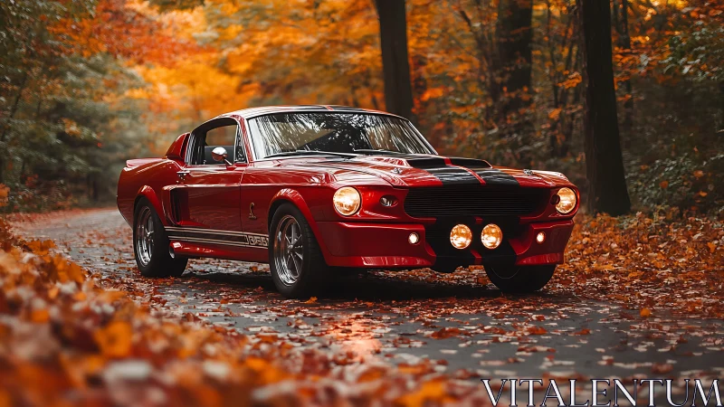 Red classic muscle car on forest road in autumn light.