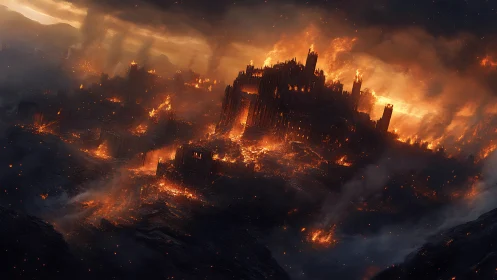 A Majestic Castle Engulfed in Flames and Smoke