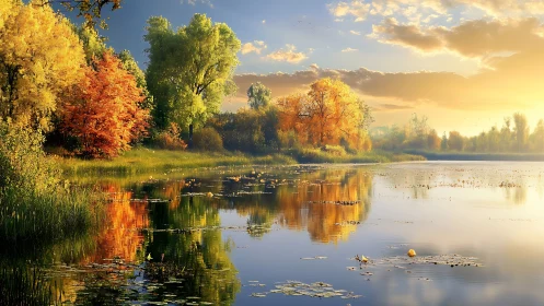 Golden-hour lake mirror cradling autumn’s bright hush.