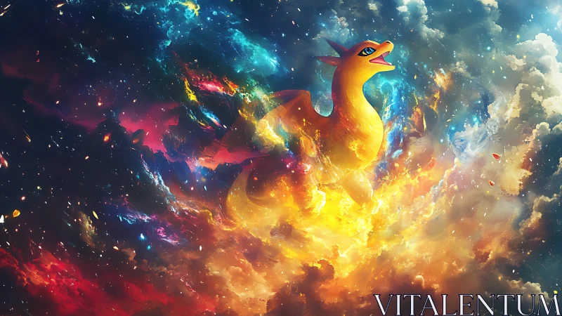 Fiery dragon soaring through galaxies of glowing color.