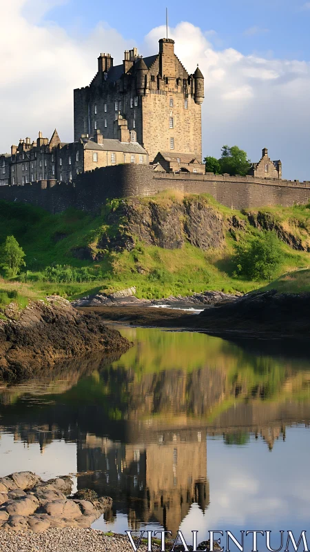 Scottish Castle on Hillside with River Reflection.