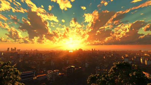 Golden city sunset pours warm light across a vast skyline