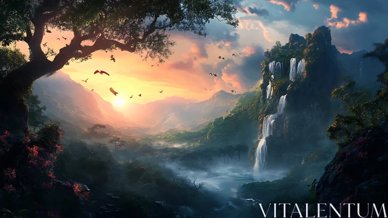 Digital painting of luminous valley waterfall at sunset.
