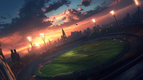 Sunset stadium glow over a city buzzing with quiet energy.