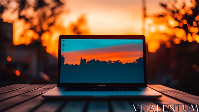 Laptop sunset portal echoing the sky’s burning horizon.