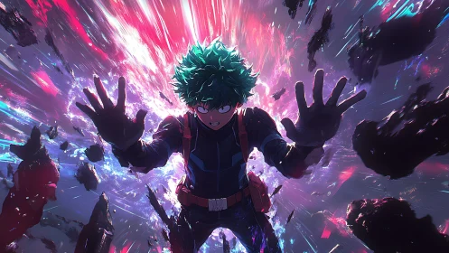 Cosmic green‑haired hero dives through neon shockwaves.